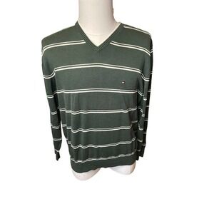 Tommy Hilfiger Sweater Green with White Stripes V- Neck Knit Men’s Large